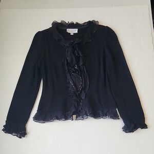 St John Evening by Marie Gray Black Santana Knit Ruffle Sequin Cardigan Sz 6